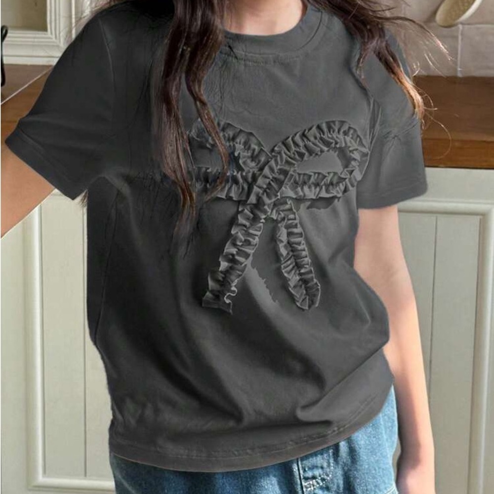 Women's Gray Ruffle Bow Top